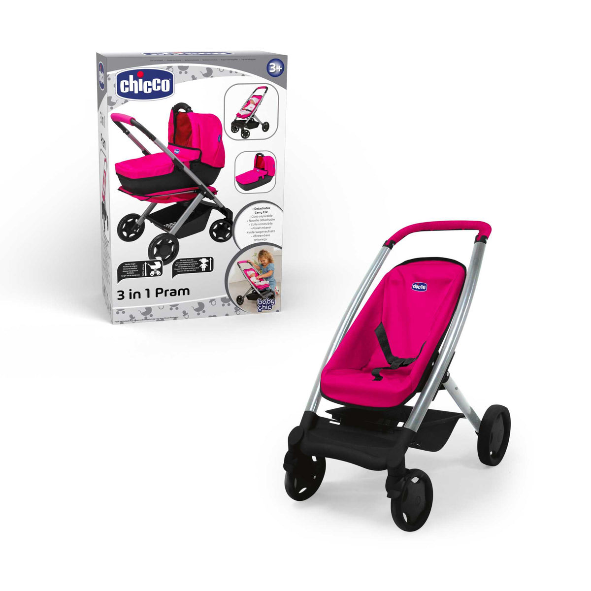 Chicco Junior 3-IN-1 Dolls Pram - Versatile Toy Stroller, Carrycot, and Pram for Dolls