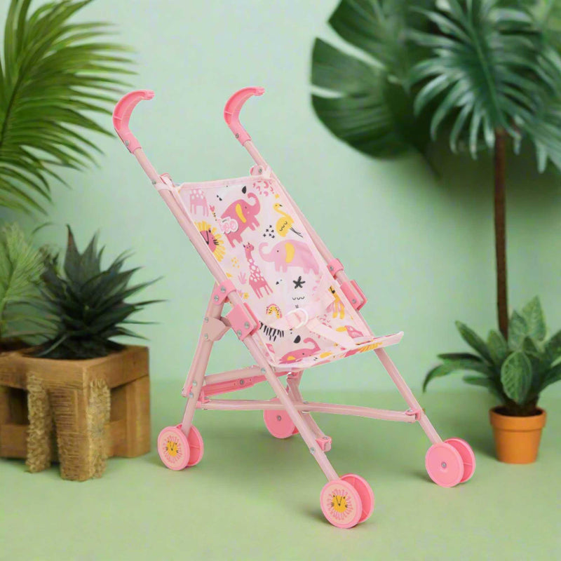 Perfectly designed stroller adorned with vibrant jungle prints for dolls, ideal for imaginative play and fostering creativity in children.