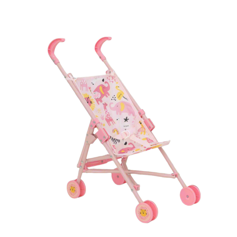 Perfectly designed stroller adorned with vibrant jungle prints for dolls, ideal for imaginative play and fostering creativity in children.