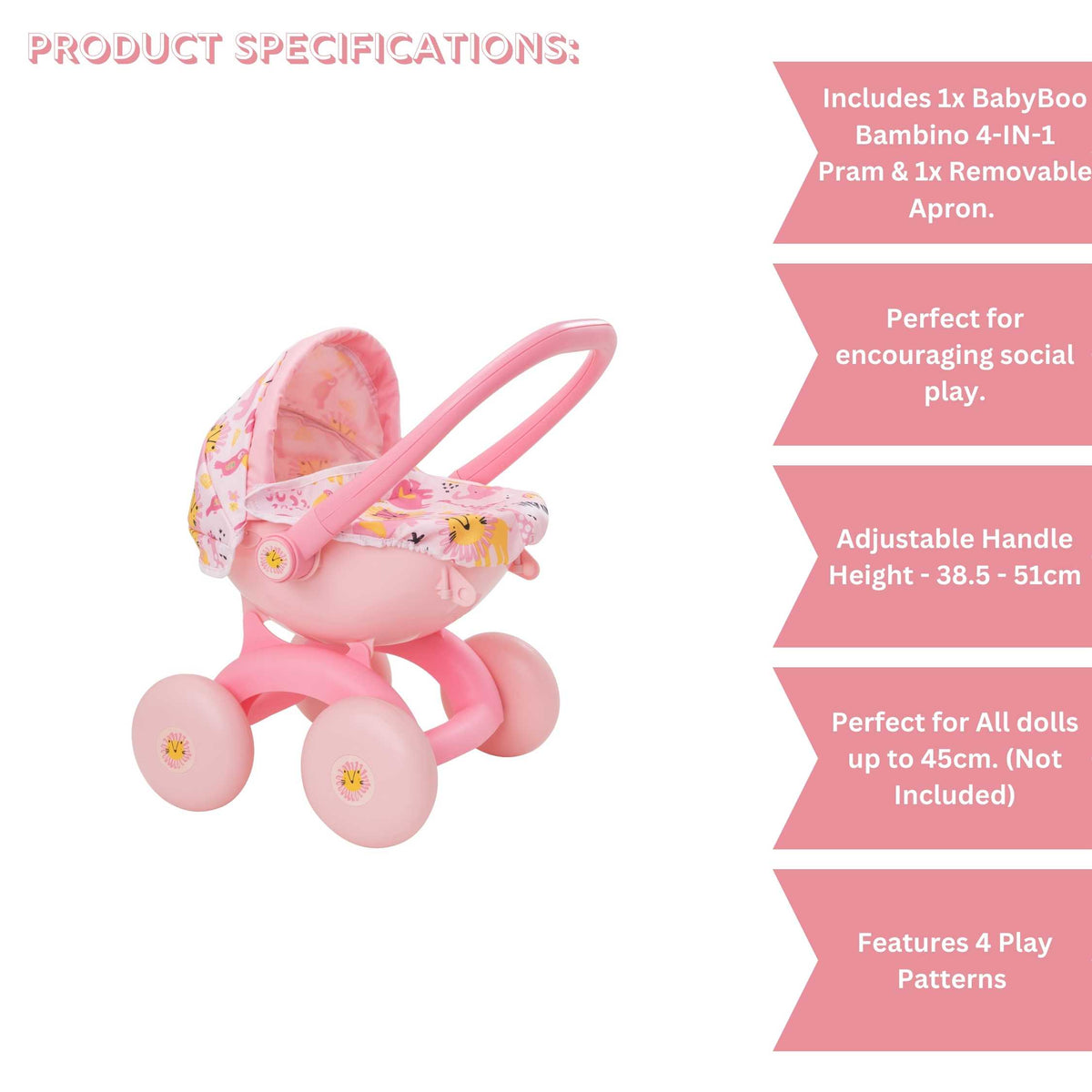 BabyBoo Bambino Jungle Print 4-IN-1 Dolls Pram Prams