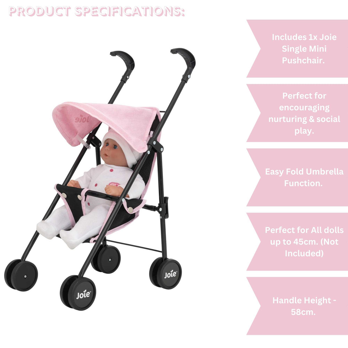 Stylish and compact toy pushchair designed for dolls, featuring a lightweight frame, easy-to-manoeuvre wheels, and a comfortable handle. Perfect for children to take their favourite dolls on the go, with a sleek and modern design.