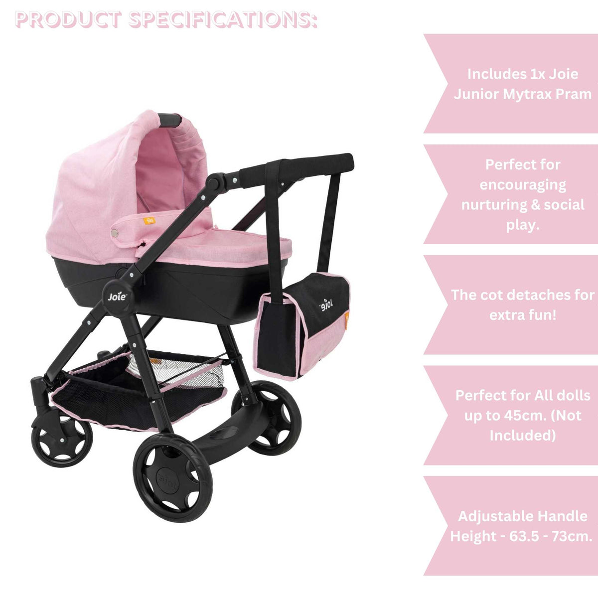 Joie Mytrax Dolls Pram in pink and black, featuring a realistic design with adjustable handle height, swivel wheels, and a large storage basket, ideal for children to take their dolls on walks and play pretend.
