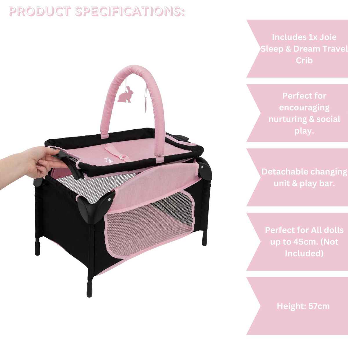 Joie Sleep &amp; Dream Dolls Travel Cot, a compact and foldable design in pink and grey, featuring breathable mesh sides and a sturdy frame, ideal for children to use for their dolls during playtime and travel