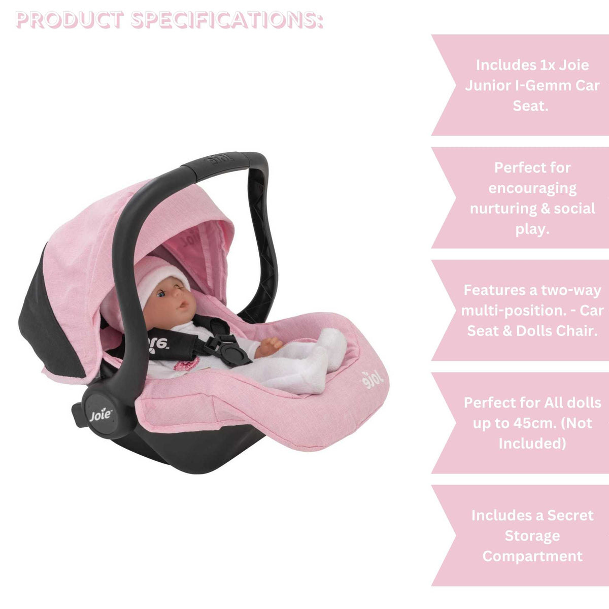 Joie I-Gemm Dolls Car Seat - Pink &amp; Black Dolls Accessories