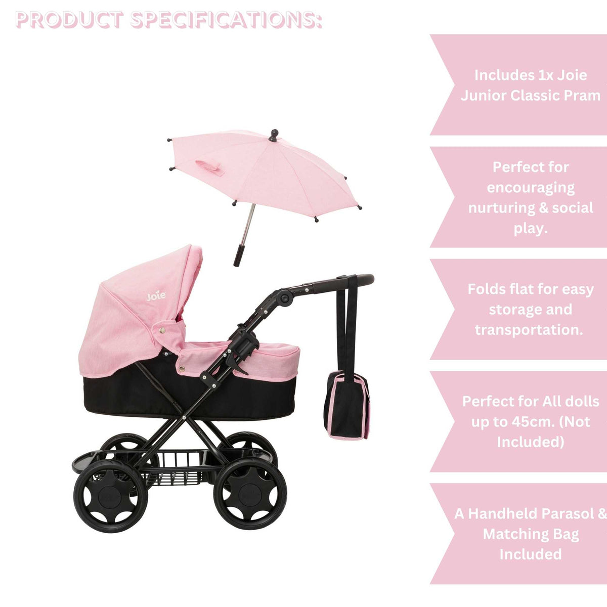 Joie Junior Classic Pram in pink and black, featuring a vintage design, includes a handheld parasol and a matching changing bag, perfect for children to enjoy sophisticated doll play and outings.