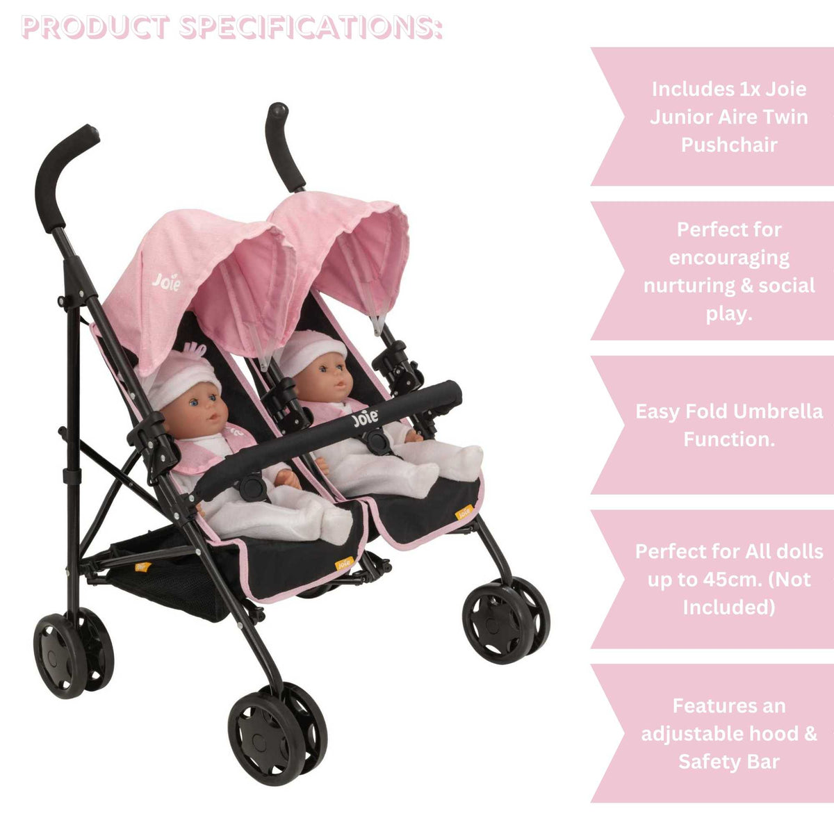 Joie Aire Twin Dolls Stroller in pink and black, designed with side-by-side seating for two dolls, adjustable handle height, swivel wheels, and a large storage basket, ideal for children to enjoy twin doll outings.