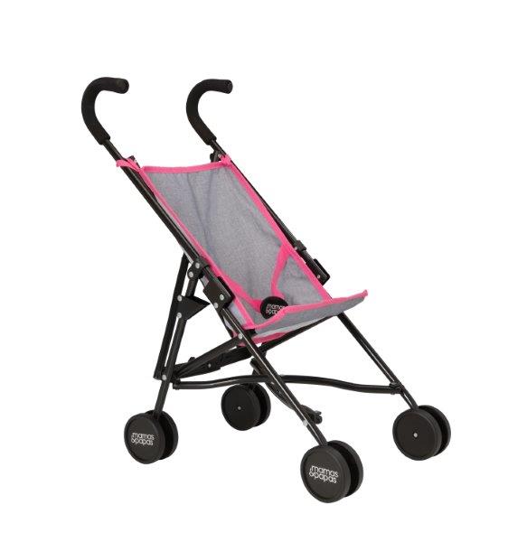 Mamas &amp; Papas Junior Doll Stroller in pink and grey, featuring a foldable and lightweight design for easy storage and portability, ideal for children&#39;s imaginative play with dolls.