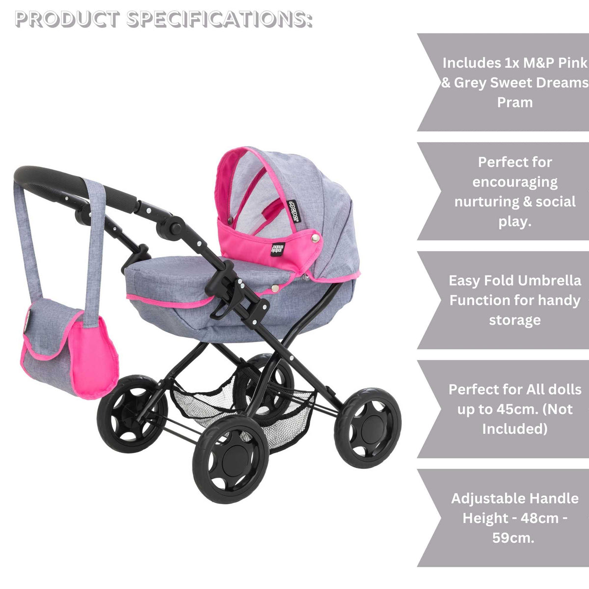 Mamas and Papas Junior Sweet Dreams Dolls Pram, featuring a vintage-inspired design with sturdy frame, adjustable handle height, and smooth-rolling wheels, perfect for imaginative play with dolls.