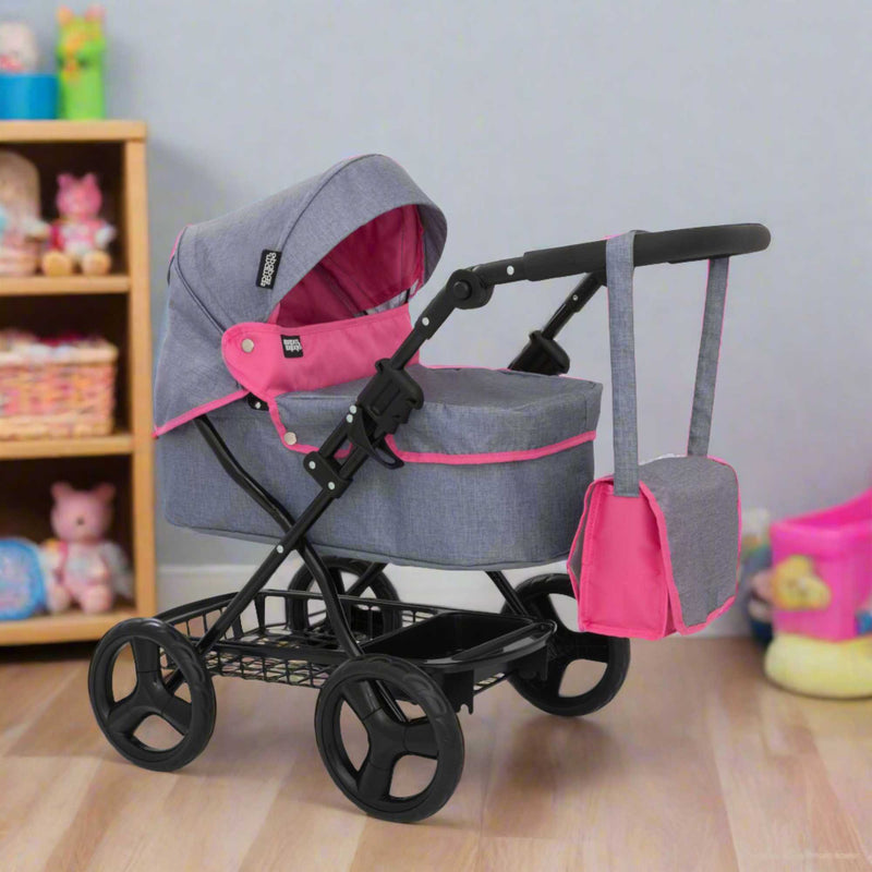 Mamas & Papas Junior Ultima Dolls Pram, designed for children's play, featuring a classic and sturdy frame, adjustable handle height, and smooth-rolling wheels, ideal for nurturing imaginative play with dolls.