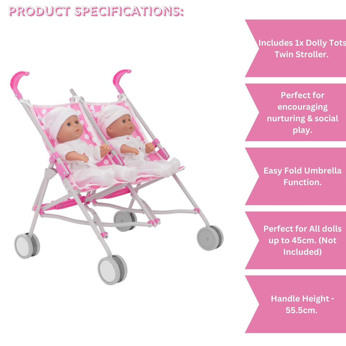 Dolly Tots Twin Dolls Stroller - Double Toy Stroller for Twin Dolls with Easy Manoeuvrability