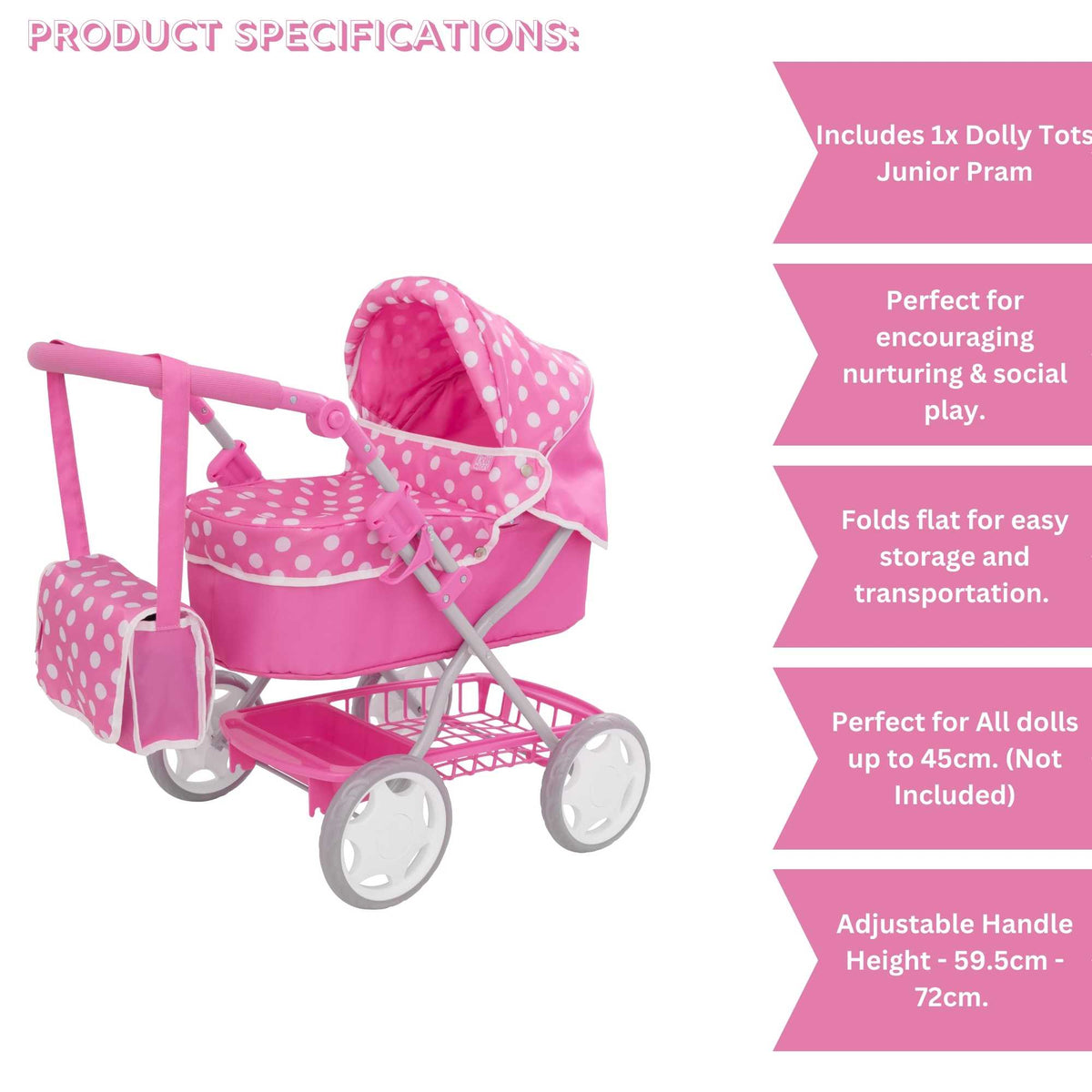 Dolly Tots Junior Dolls Pram - Stylish and Durable Toy Pram for Dolls with Adjustable Handle