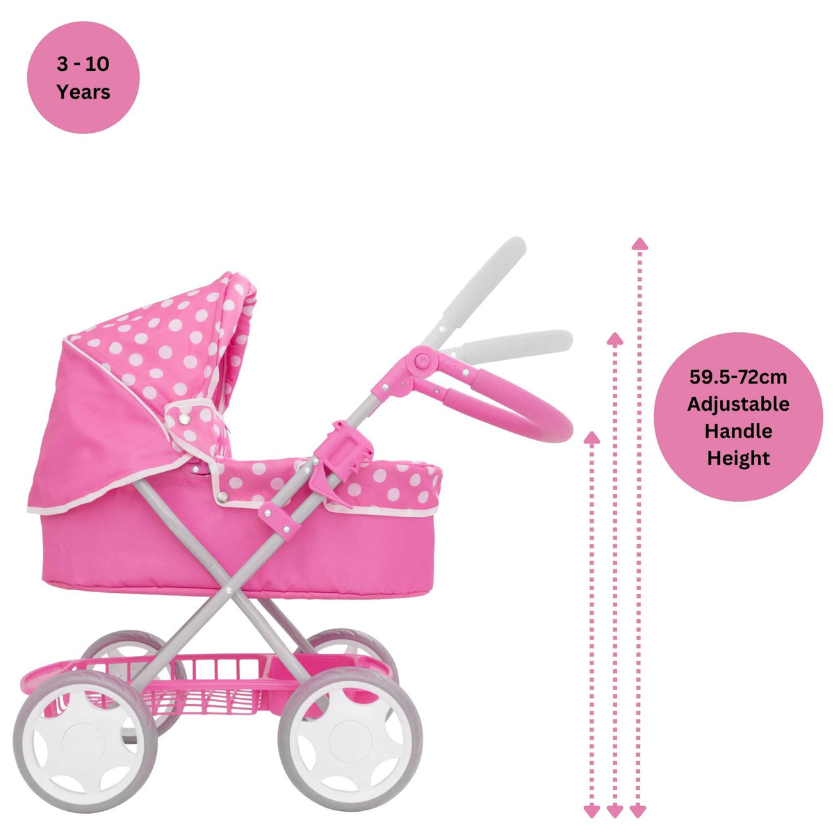 Dolly Tots Junior Dolls Pram - Stylish and Durable Toy Pram for Dolls with Adjustable Handle