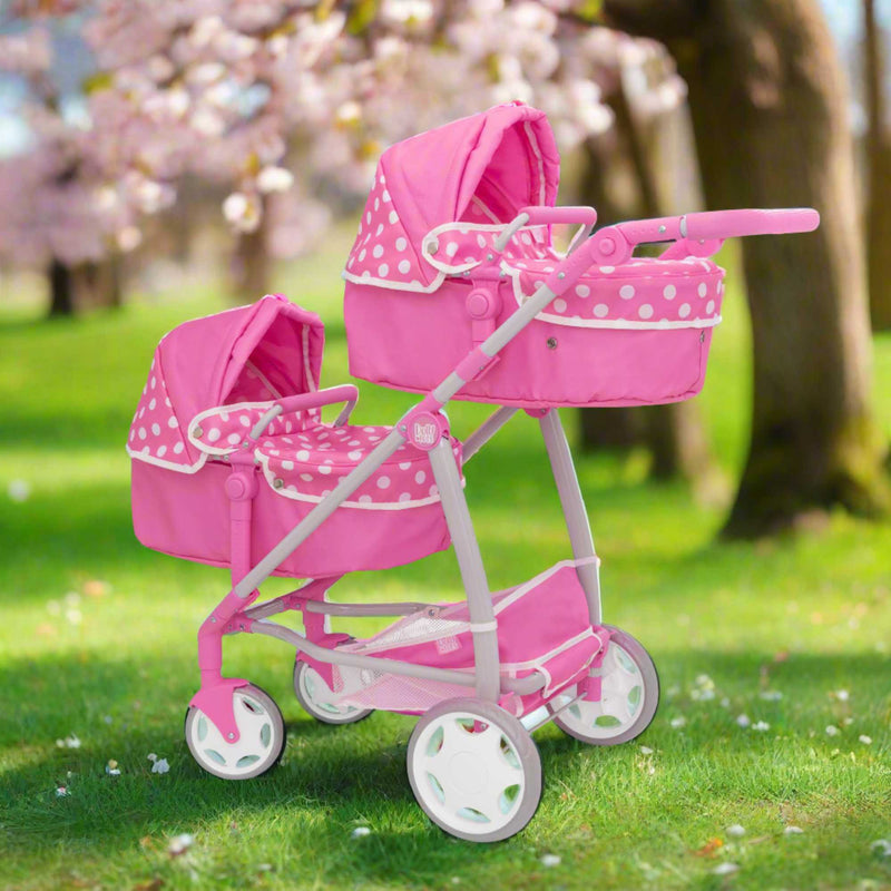 Dolly Tots Twin Dolls Pram - Spacious and Sturdy Toy Pram for Twin Dolls with Adjustable Handle