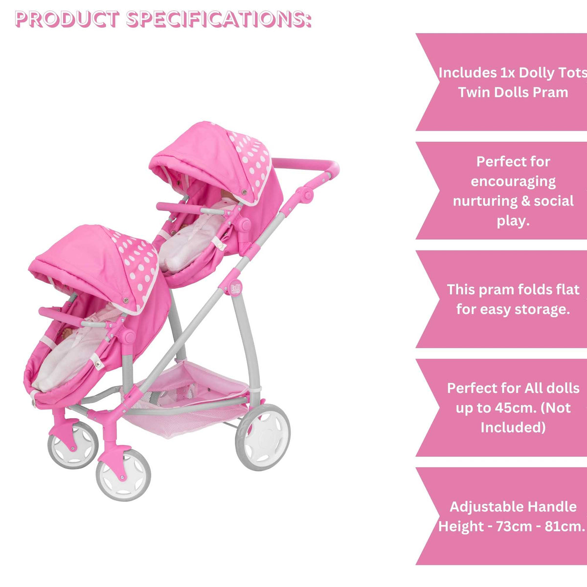 Dolly Tots Twin Dolls Pram - Spacious and Sturdy Toy Pram for Twin Dolls with Adjustable Handle