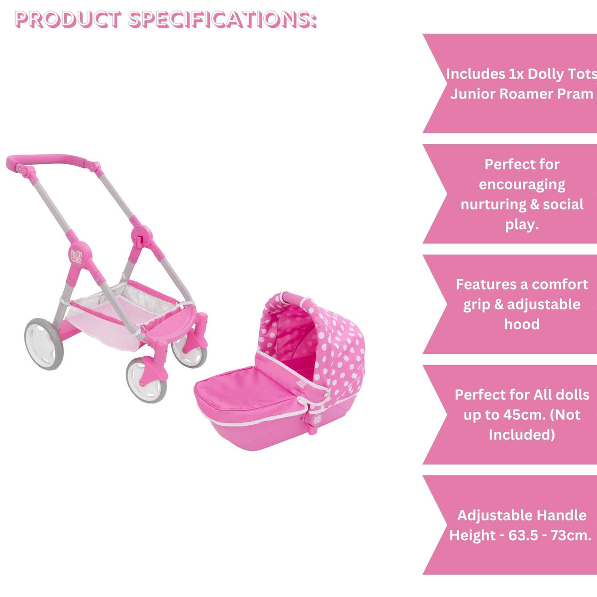 Dolly Tots Junior Roamer Dolls Pram - Modern and Versatile Toy Pram for Dolls with Adjustable Handle