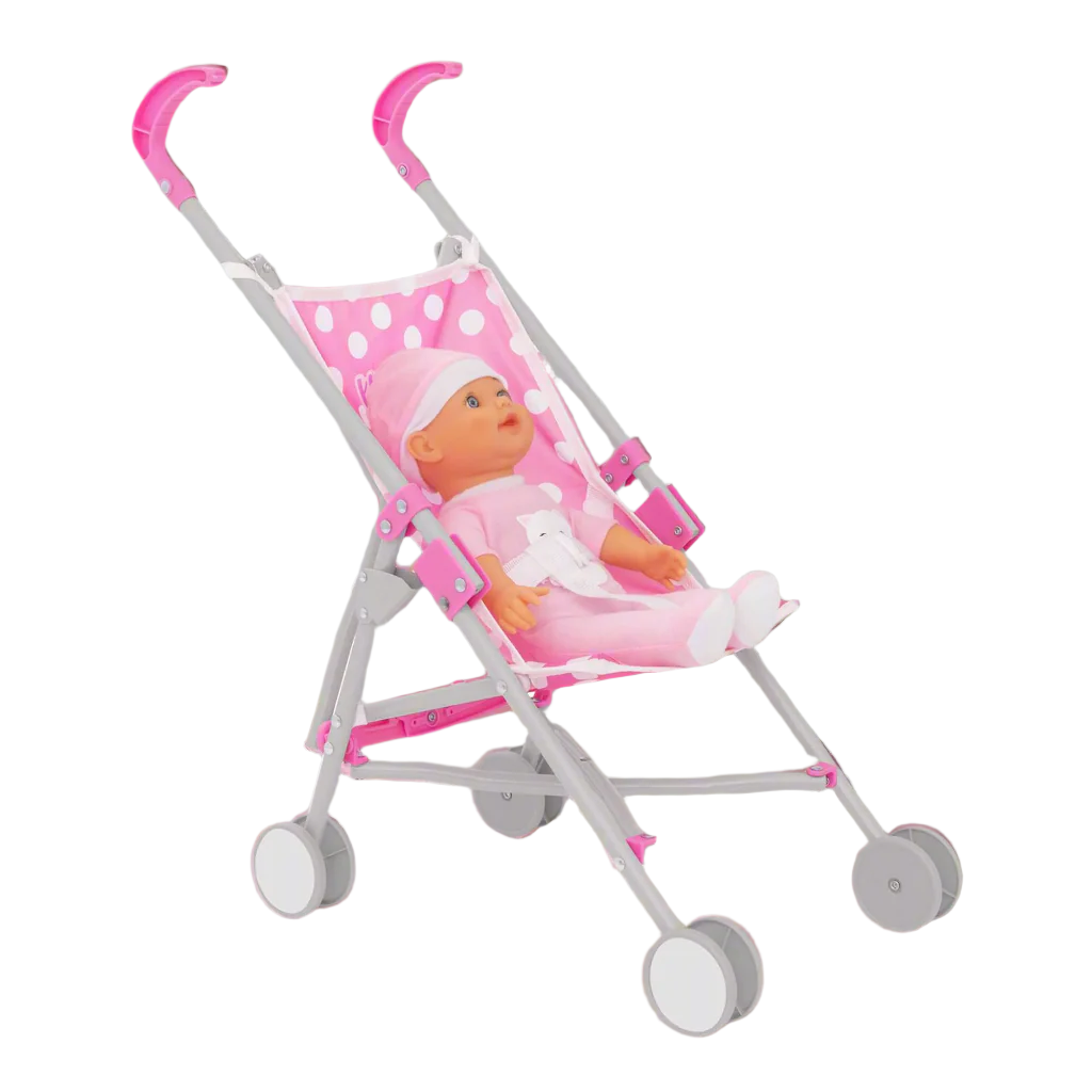 Dolly Tots Dolls Stroller with Doll set, featuring a foldable stroller with smooth-rolling wheels and a lightweight frame, paired with a charming doll. Designed for kids to enjoy imaginative, nurturing play indoors or outdoors.