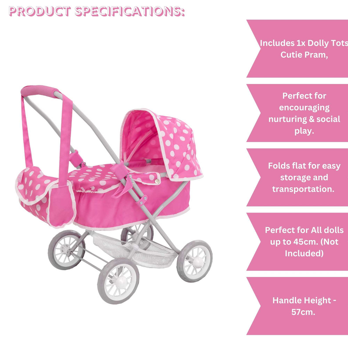 Dolly Tots Cutie Dolls Pram - Adorable and Compact Toy Pram for Dolls