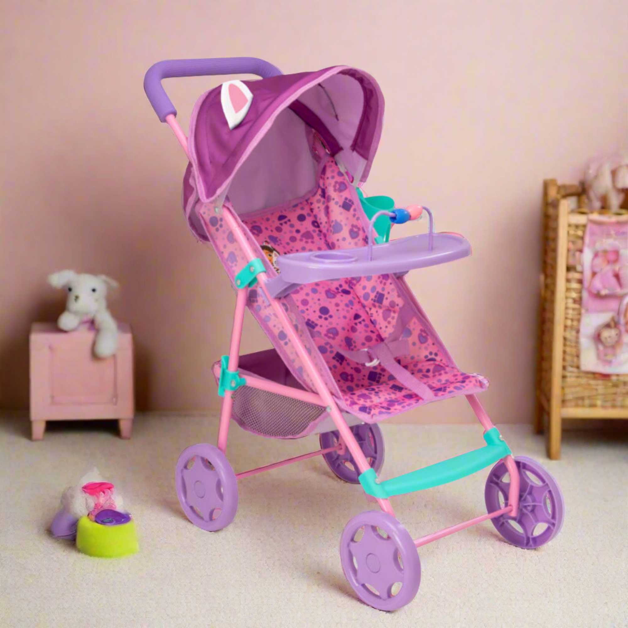 Bright and fun toy pushchair inspired by Gabby's Dollhouse, ideal for kids to push their favourite dolls and toys. Features a durable frame, smooth-rolling wheels, and colourful designs with beloved characters from the series.