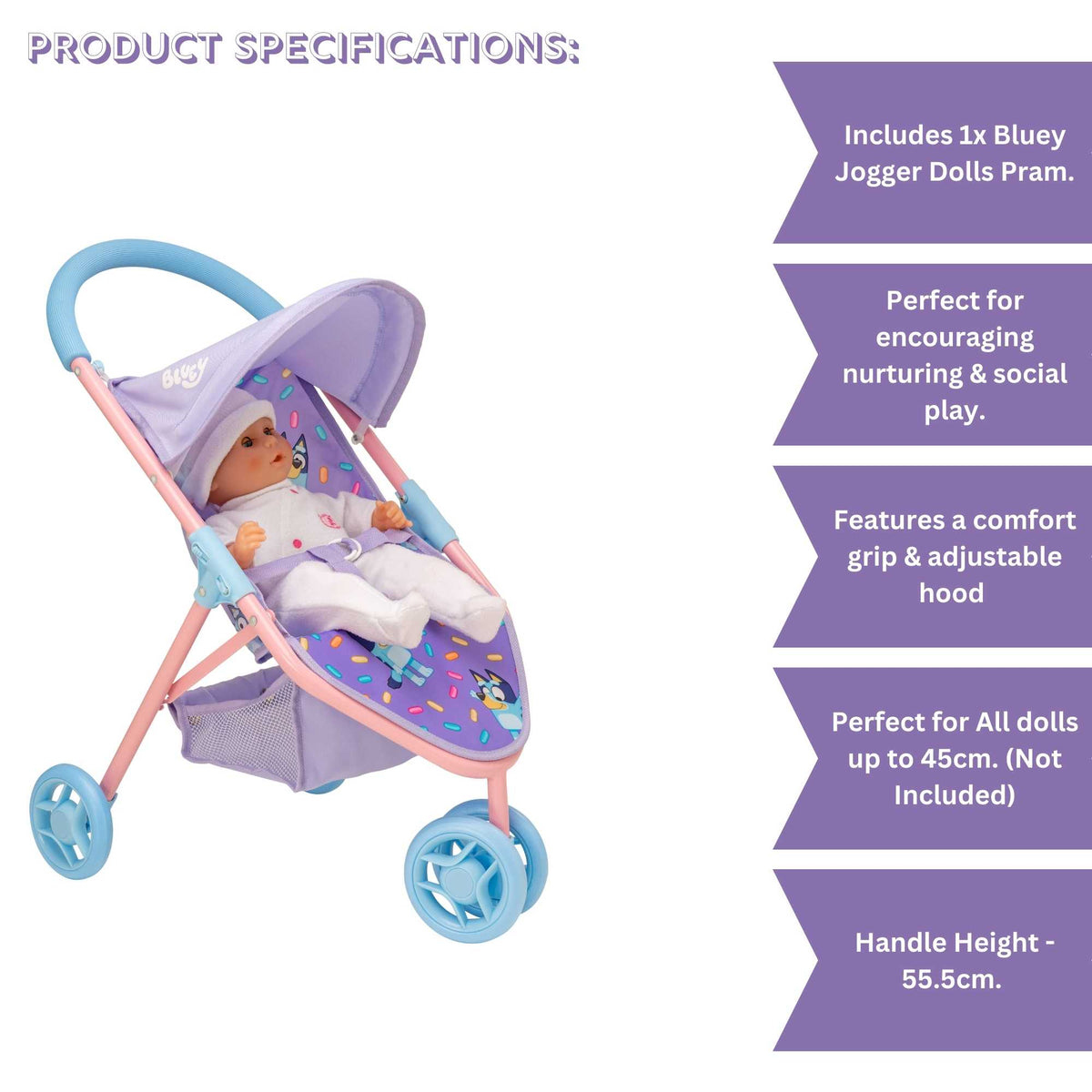 Bluey Jogger Dolls Pram - Sturdy and stylish pram designed for dolls, inspired by Bluey, perfect for active play and imaginative adventures.