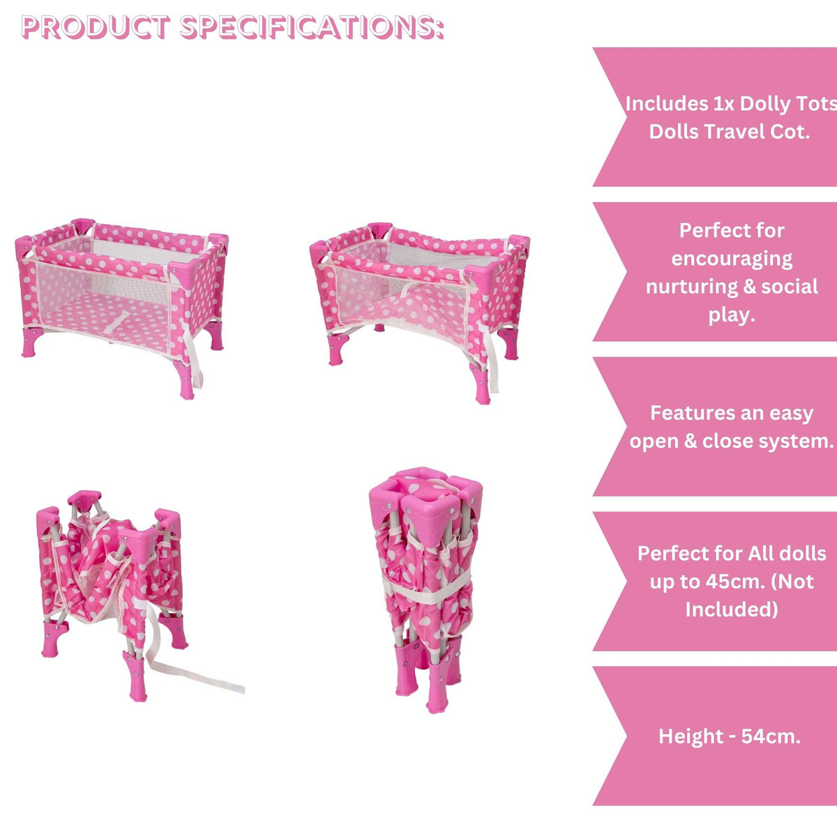 Dolly Tots Travel Dolls Cot - Portable and Compact Toy Cot for Dolls, Perfect for Travel and Playtime