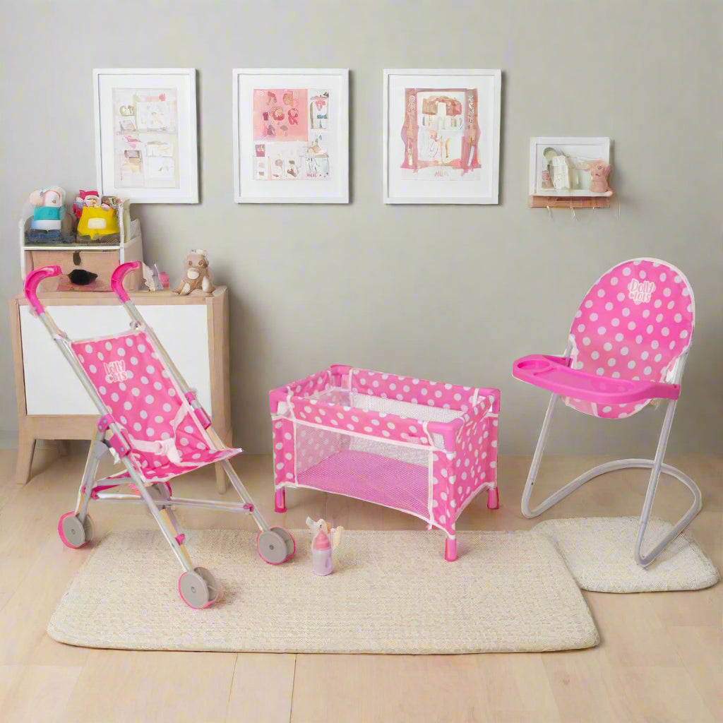 Dolls pram cot high chair set hotsell