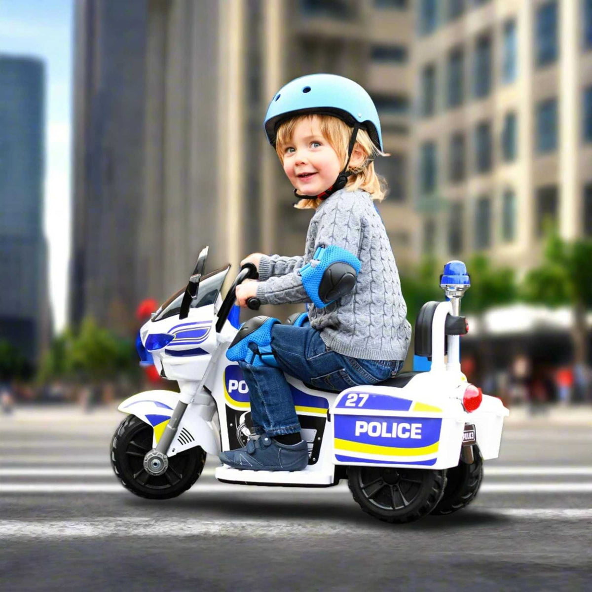 EVO Police Sport Bike Ride On for ages 2+, featuring a realistic police bike design with flashing lights and authentic sounds, durable frame, wide stable wheels, and easy-grip handles for safe and exciting outdoor play.