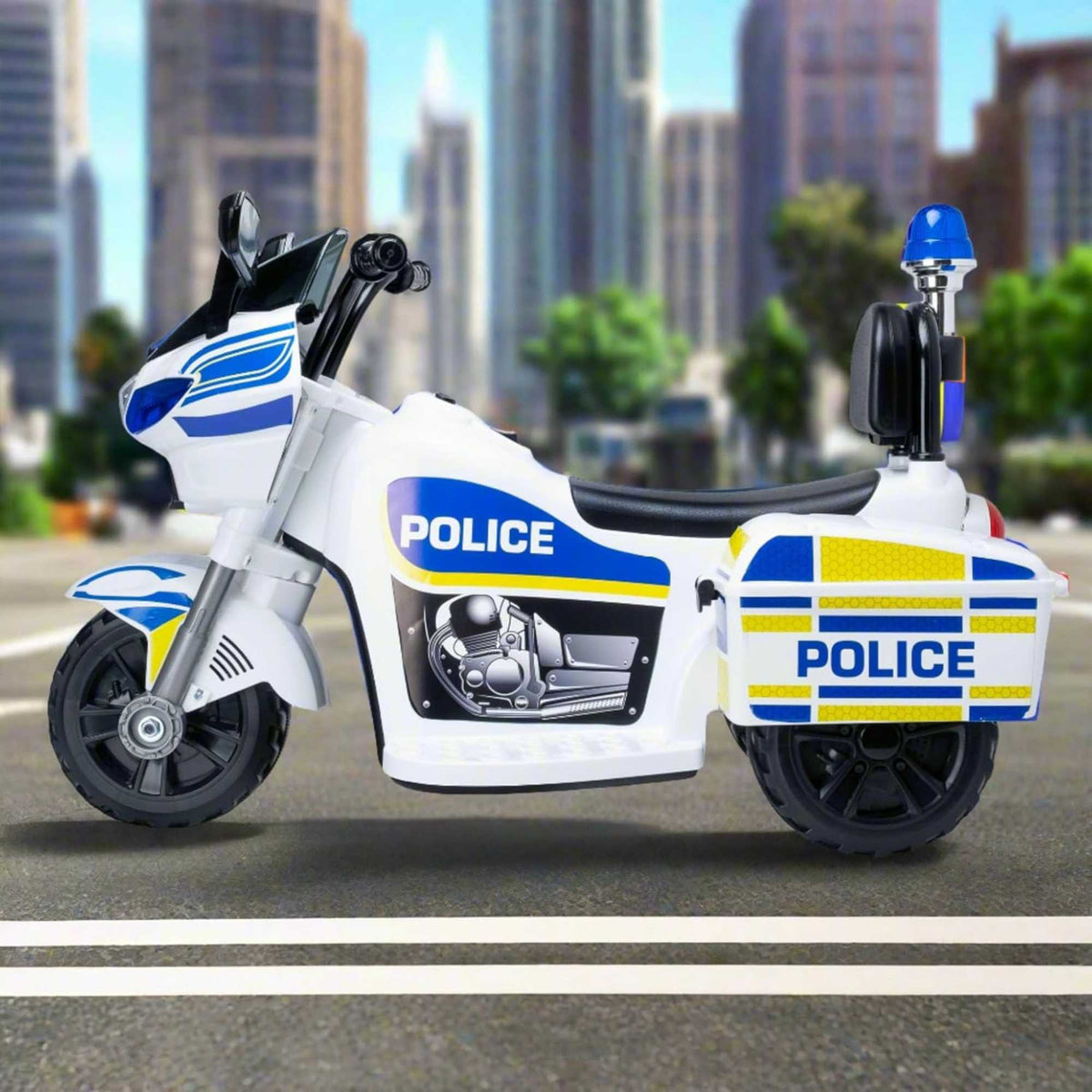 EVO Police Sport Bike Ride On for ages 2+, featuring a realistic police bike design with flashing lights and authentic sounds, durable frame, wide stable wheels, and easy-grip handles for safe and exciting outdoor play.