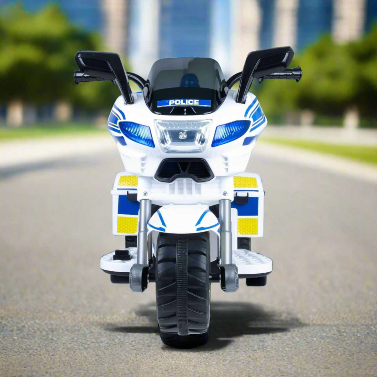 EVO Police Sport Bike Ride On for ages 2+, featuring a realistic police bike design with flashing lights and authentic sounds, durable frame, wide stable wheels, and easy-grip handles for safe and exciting outdoor play.