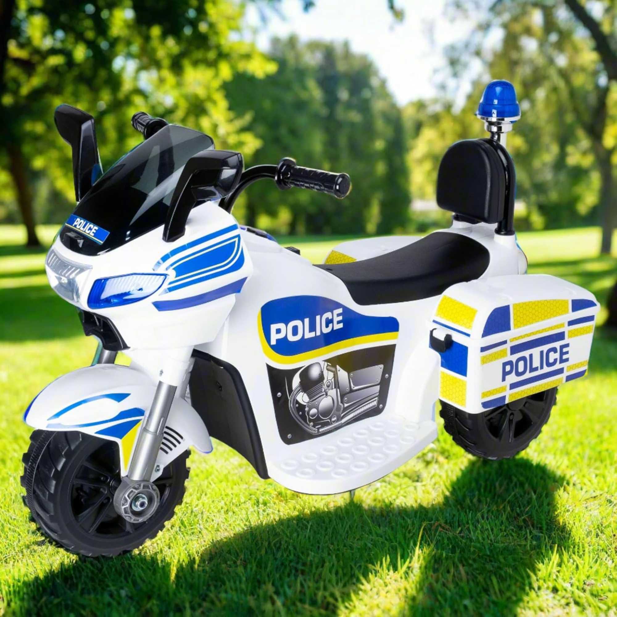 EVO Police Sport Bike Ride On for ages 2+, featuring a realistic police bike design with flashing lights and authentic sounds, durable frame, wide stable wheels, and easy-grip handles for safe and exciting outdoor play.