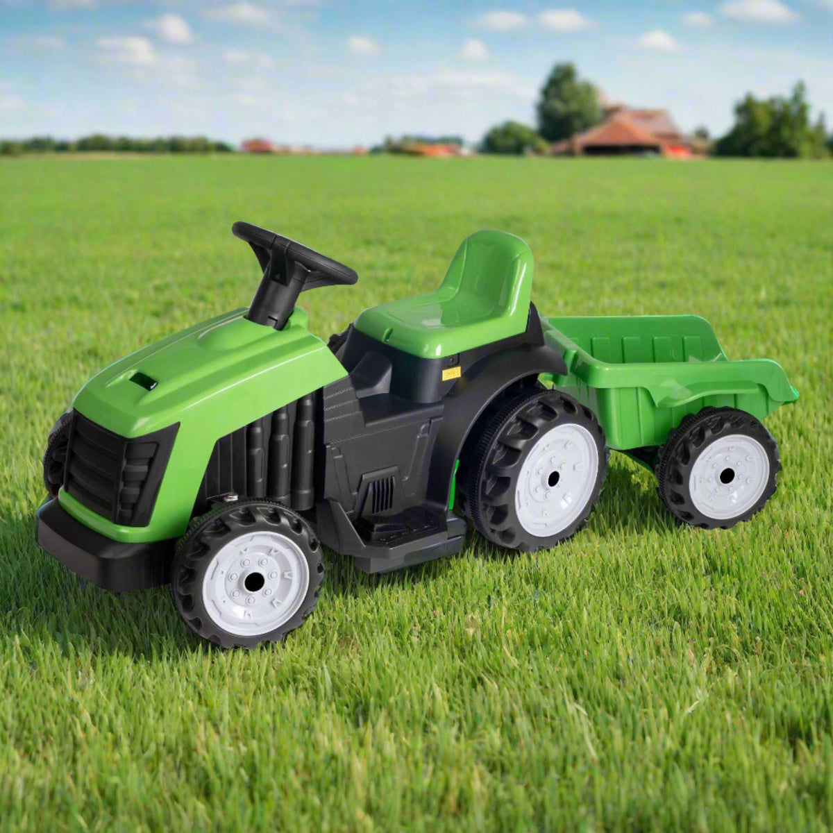 Electric green EVO Green Tractor &amp; Trailer Ride-On for 2-year-olds, featuring a realistic tractor design, detachable trailer, ergonomic seat, and easy-to-use controls for safe and fun farmyard adventures.