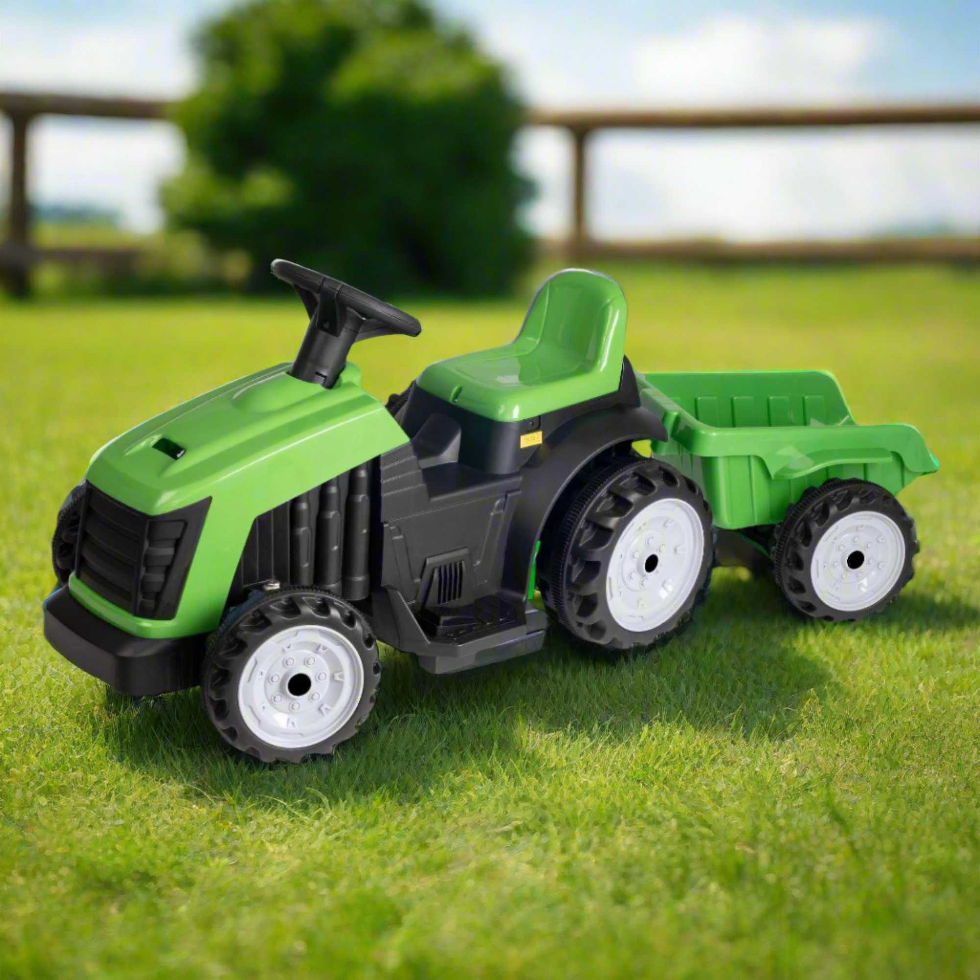 Electric green EVO Green Tractor & Trailer Ride-On for 2-year-olds, featuring a realistic tractor design, detachable trailer, ergonomic seat, and easy-to-use controls for safe and fun farmyard adventures.