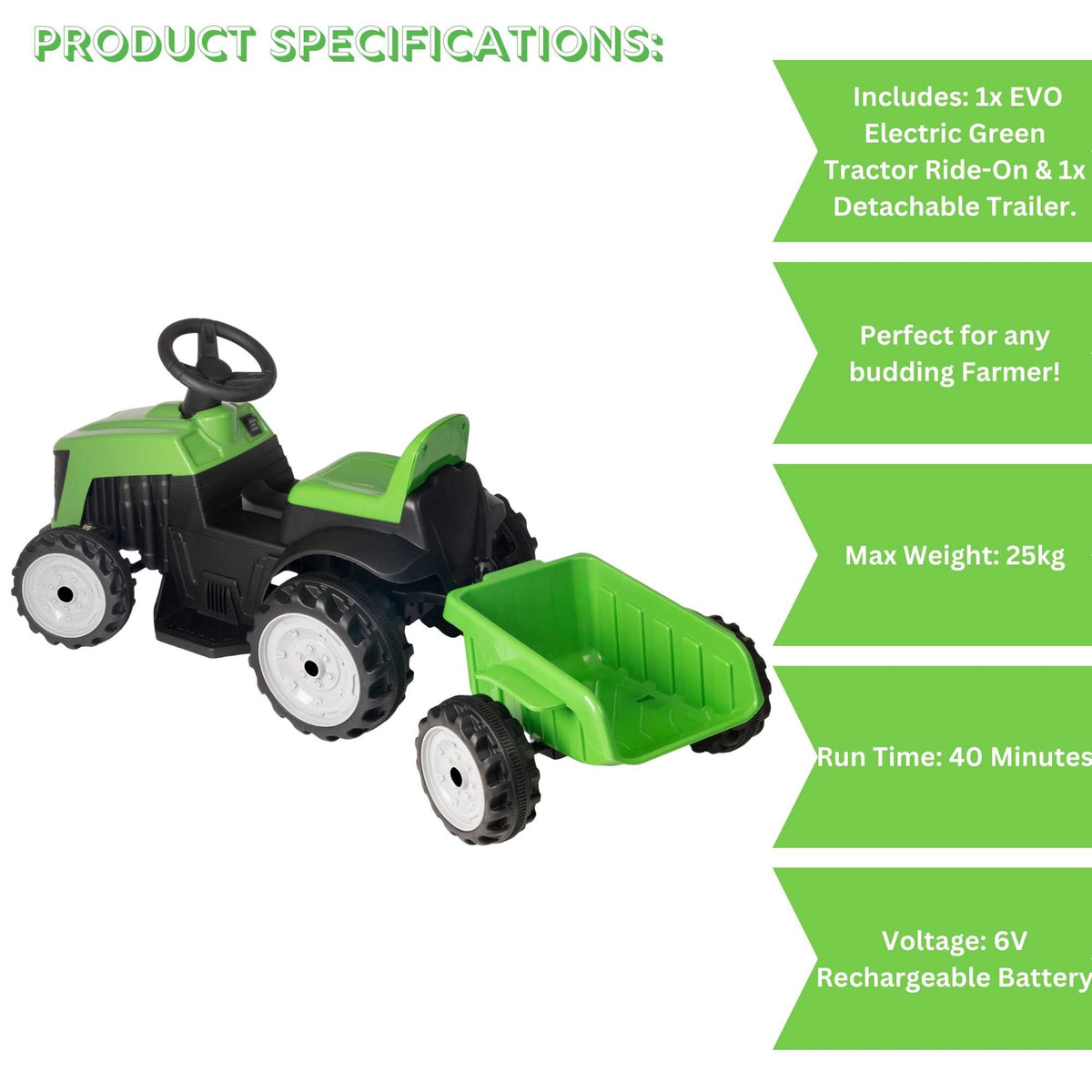 Evo 6V Electric Green Ride On Tractor With Trailer Electric Ride Ons