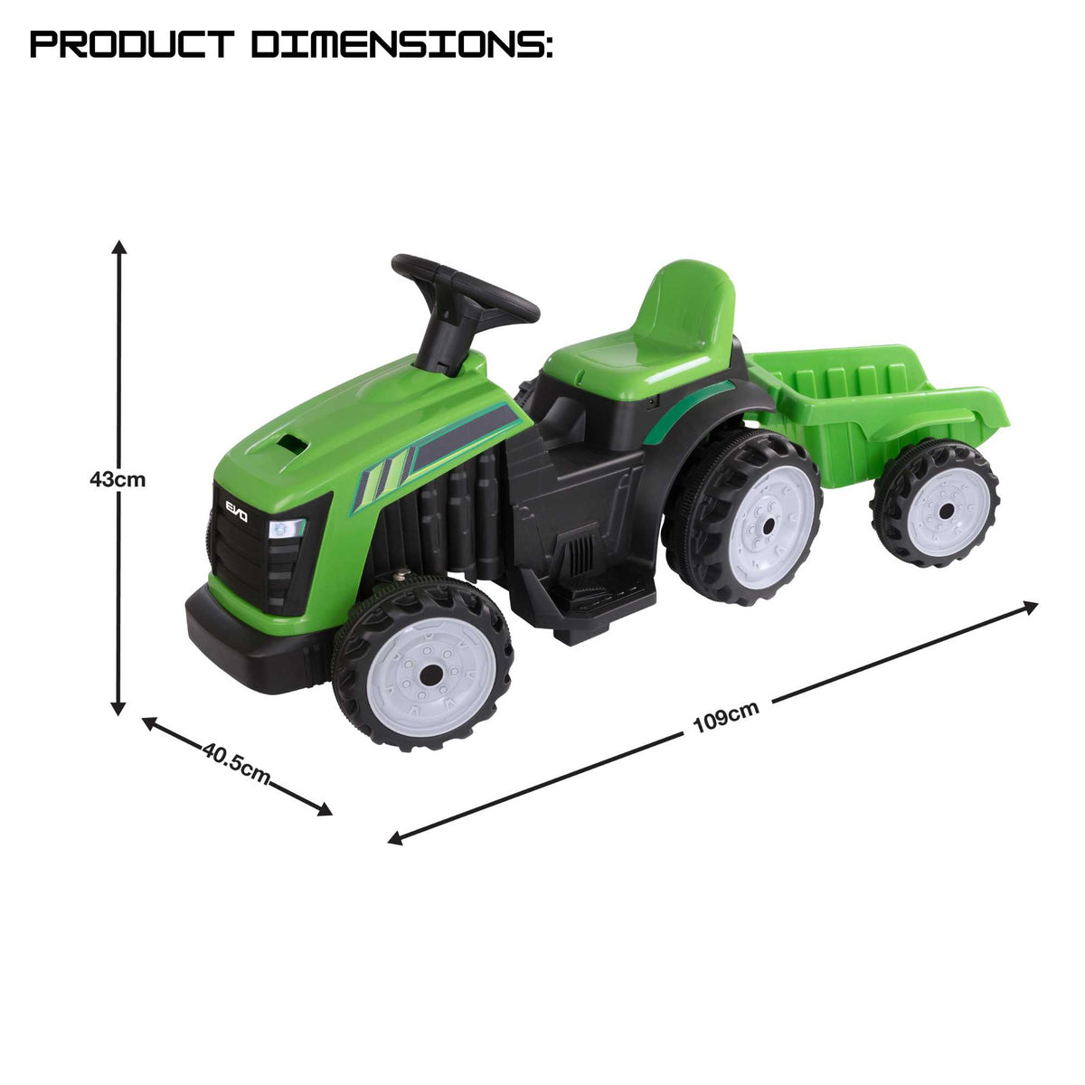 Electric green EVO Green Tractor &amp; Trailer Ride-On for 2-year-olds, featuring a realistic tractor design, detachable trailer, ergonomic seat, and easy-to-use controls for safe and fun farmyard adventures.