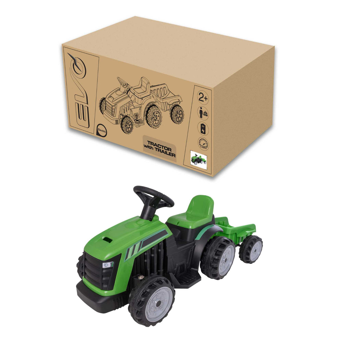 Electric green EVO Green Tractor &amp; Trailer Ride-On for 2-year-olds, featuring a realistic tractor design, detachable trailer, ergonomic seat, and easy-to-use controls for safe and fun farmyard adventures.