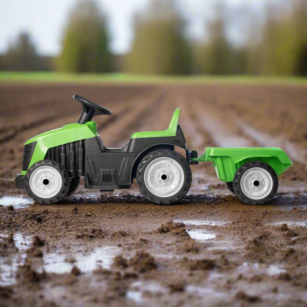 Evo 6V Electric Green Ride On Tractor With Trailer Electric Ride Ons