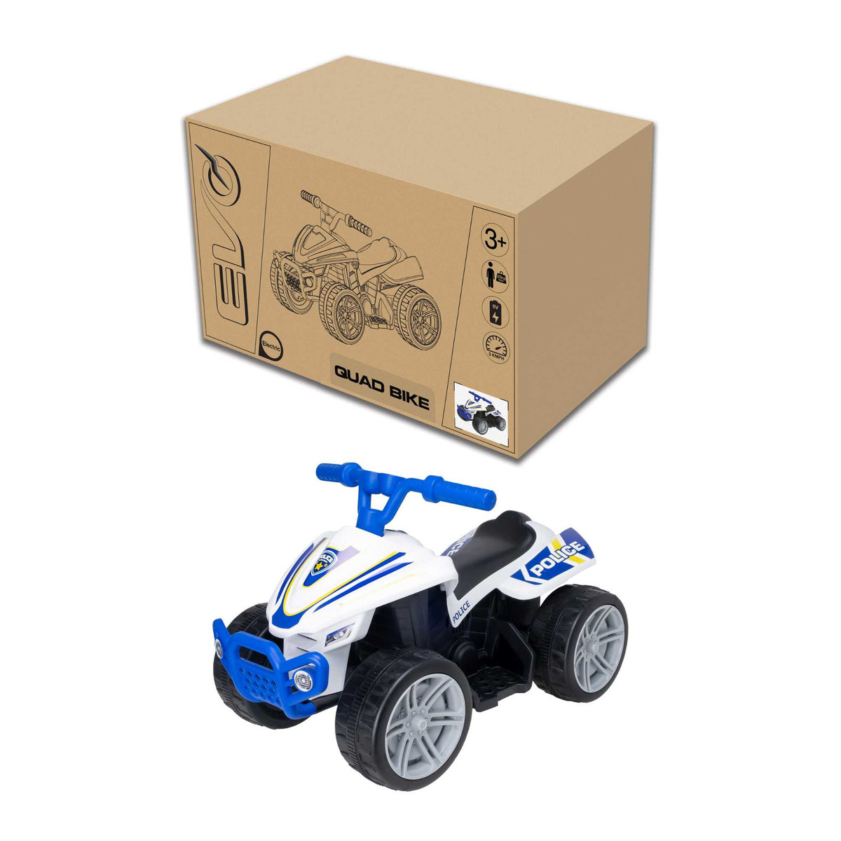 EVO 6V Police Quad Electric Ride-On with realistic police decals, working lights, and durable four-wheel design, perfect for adventurous and imaginative play for kids.