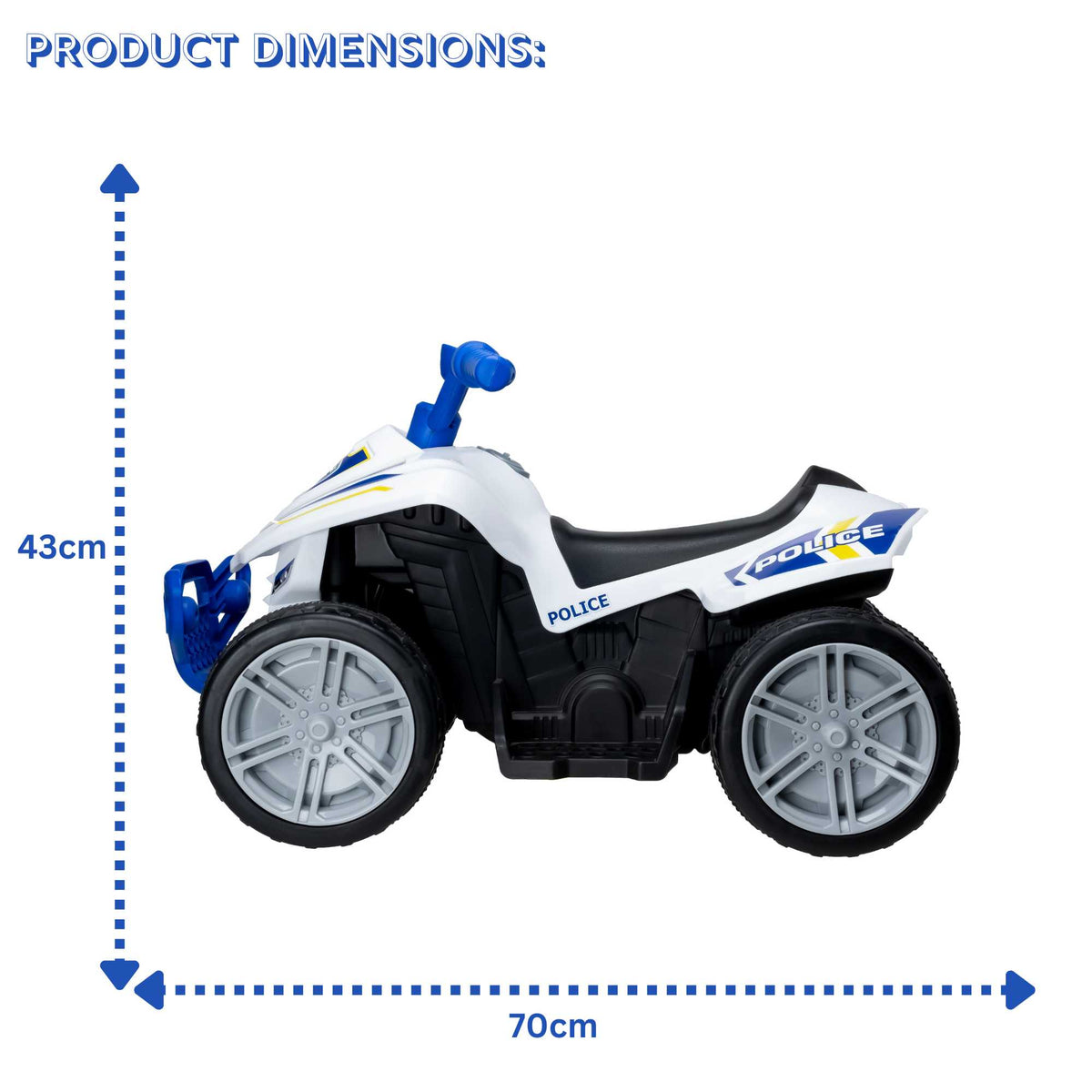 EVO 6V Police Quad Electric Ride-On with realistic police decals, working lights, and durable four-wheel design, perfect for adventurous and imaginative play for kids.