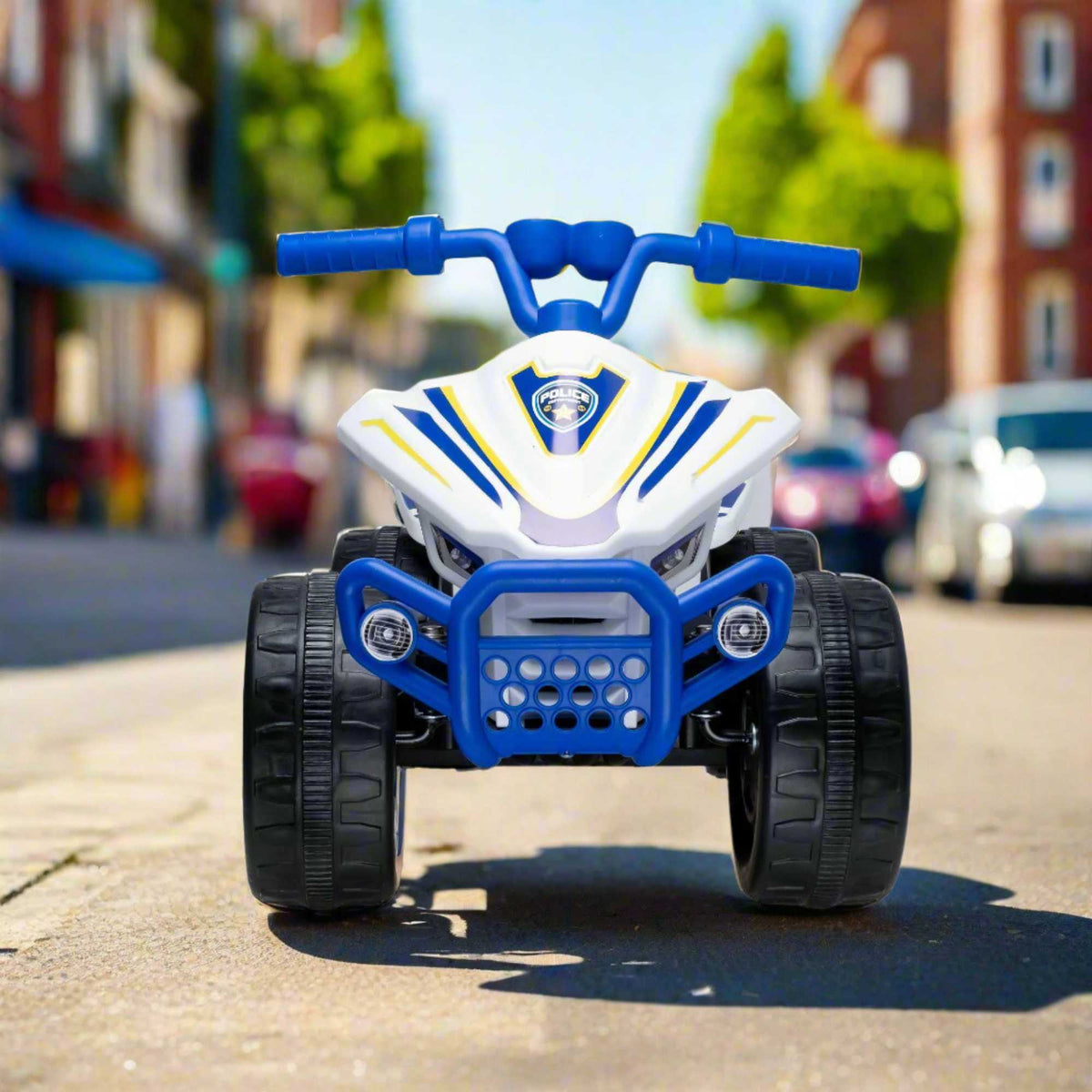 EVO 6V Police Quad Electric Ride-On with realistic police decals, working lights, and durable four-wheel design, perfect for adventurous and imaginative play for kids.