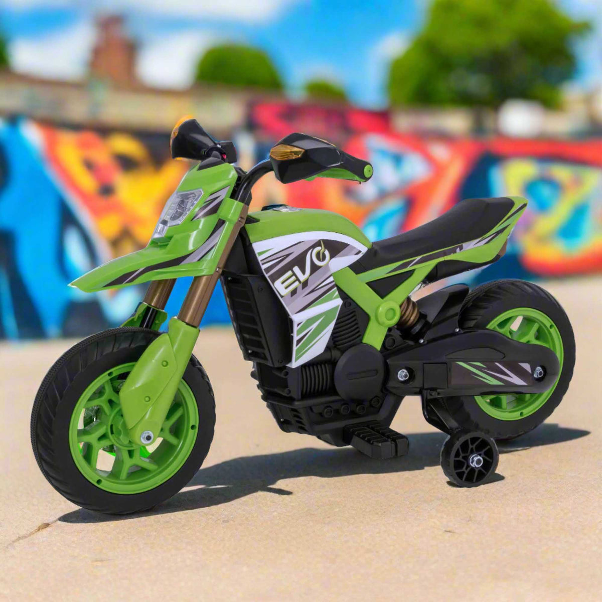 Green EVO 6V Kids Electric Ride-On Venom Rally Bike – Fun and stylish battery-powered motorbike with realistic design, sturdy wheels, and safe ride for young adventurers.