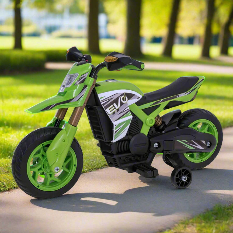 Green EVO 6V Kids Electric Ride-On Venom Rally Bike – Fun and stylish battery-powered motorbike with realistic design, sturdy wheels, and safe ride for young adventurers.