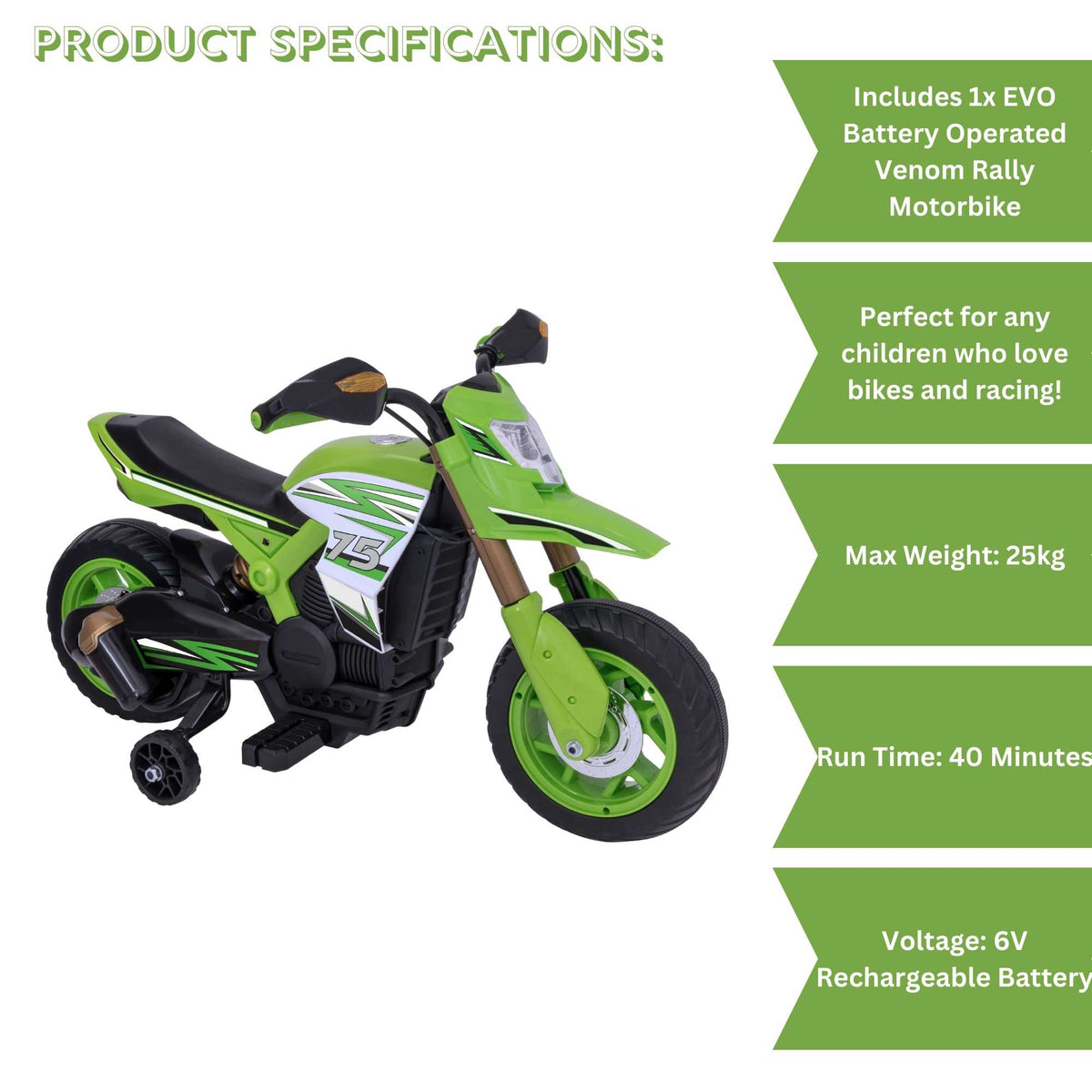 Green EVO 6V Kids Electric Ride-On Venom Rally Bike – Fun and stylish battery-powered motorbike with realistic design, sturdy wheels, and safe ride for young adventurers.