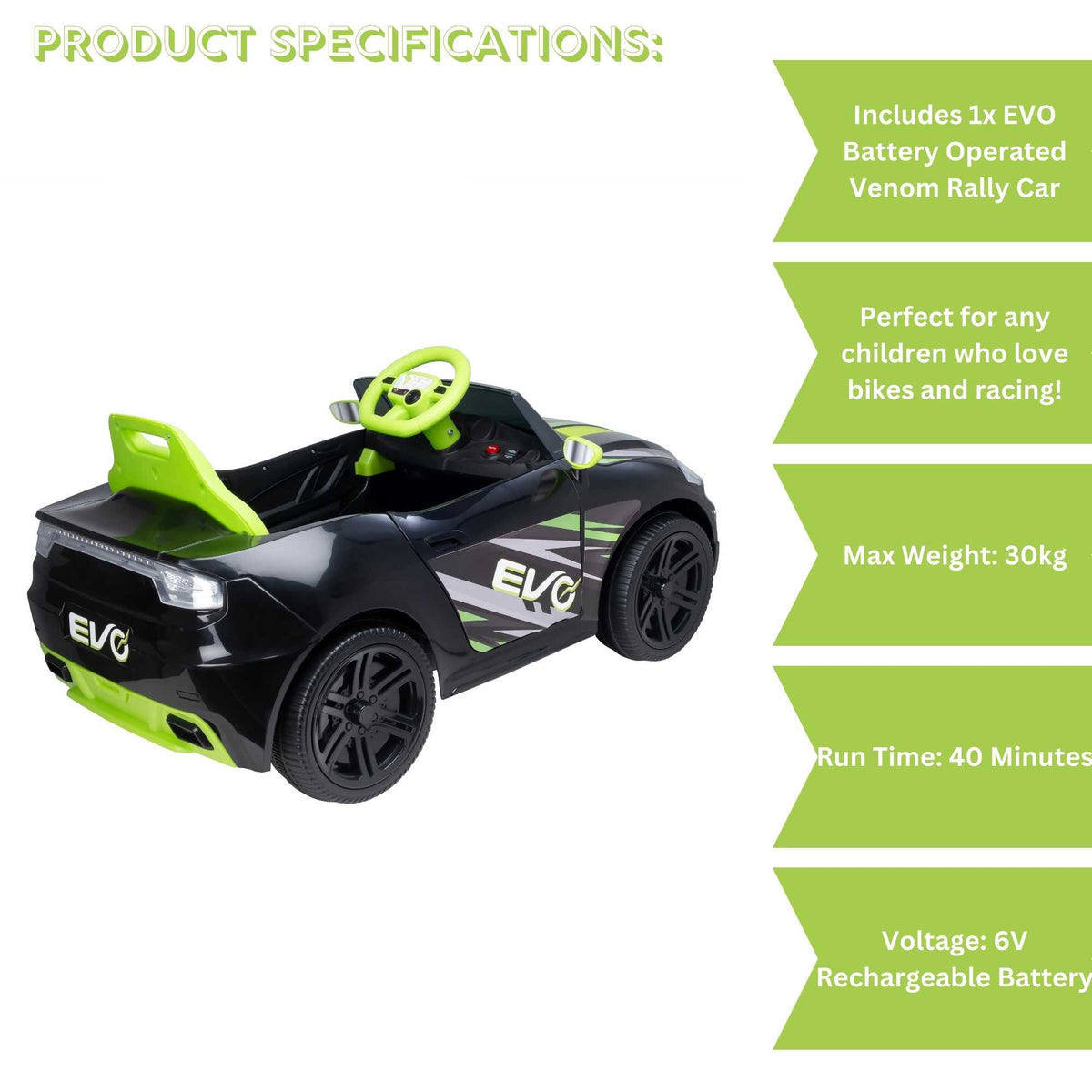 Green EVO 6V Kids Electric Ride-On Venom Sports Car – Stylish battery-powered toy car with realistic design, working lights, and smooth ride for young drivers.