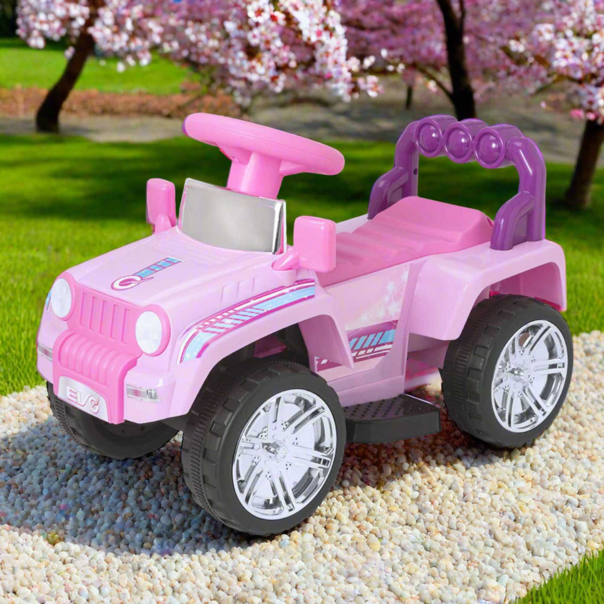 Pink EVO Shimmer 4x4 Ride-On Truck for kids ages 3 and up, featuring realistic design, durable construction, and all-terrain wheels for outdoor adventures.