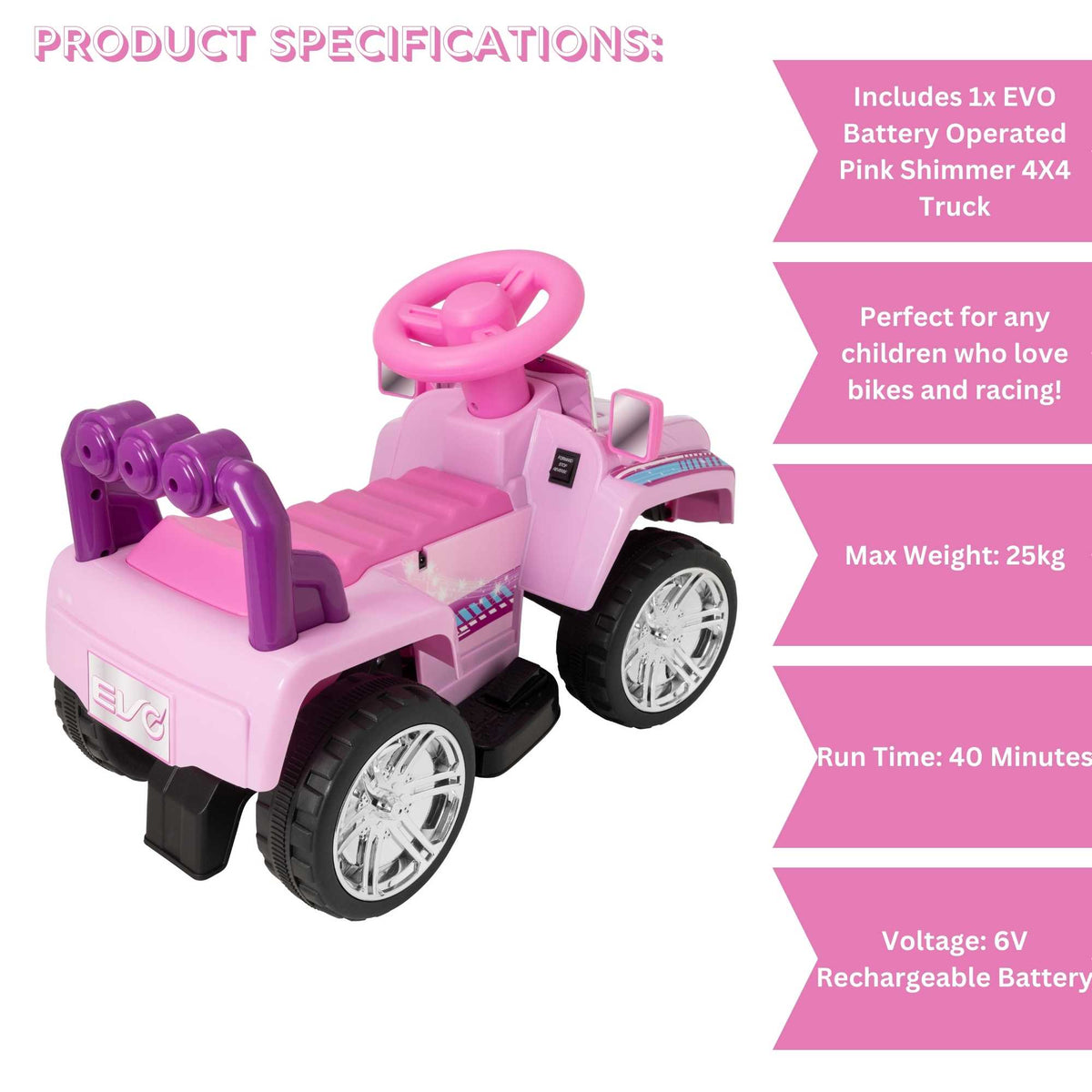 Pink EVO Shimmer 4x4 Ride-On Truck for kids ages 3 and up, featuring realistic design, durable construction, and all-terrain wheels for outdoor adventures.