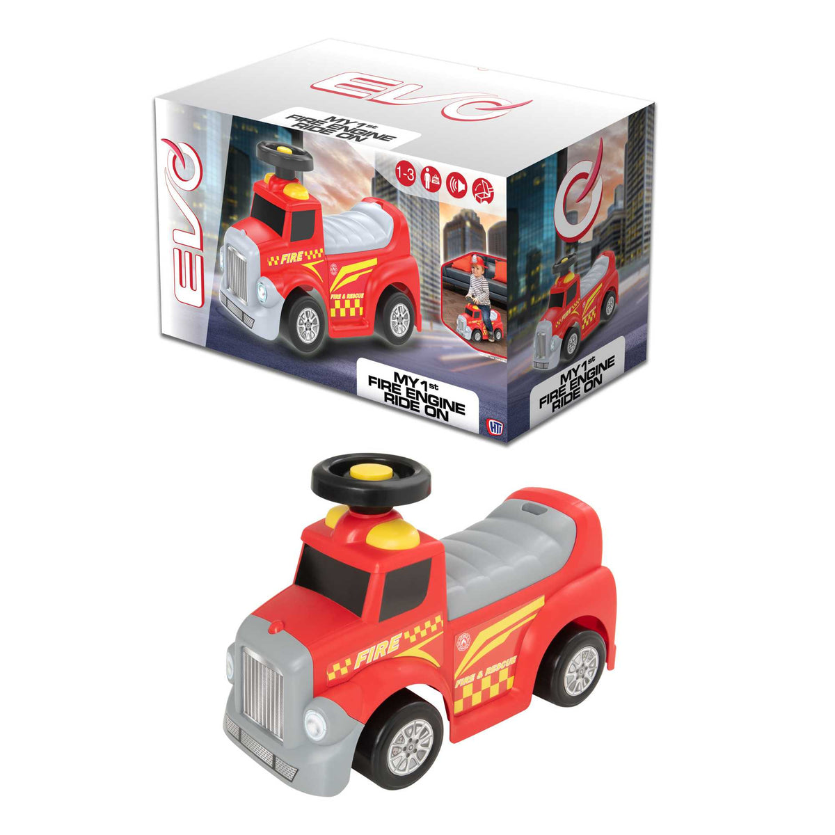 EVO Foot 2 Floor Ride-On Fire Engine for children aged 1 and up, featuring a vibrant red design, wide wheelbase, and foot-to-floor propulsion for safe and imaginative play.