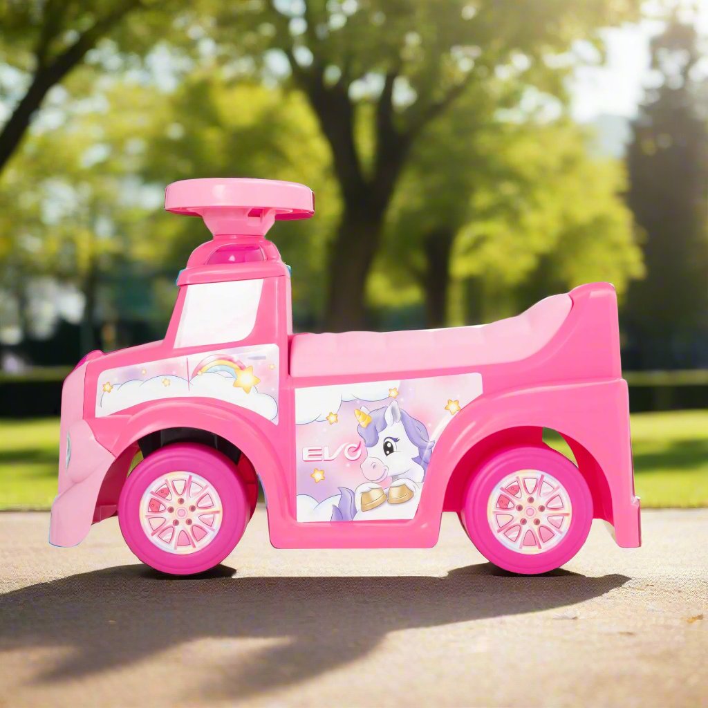 EVO Foot 2 Floor Unicorn Ride-On for toddlers aged 1 and up, featuring a pastel-colored unicorn design, wide wheelbase, and foot-to-floor propulsion for safe and imaginative play.