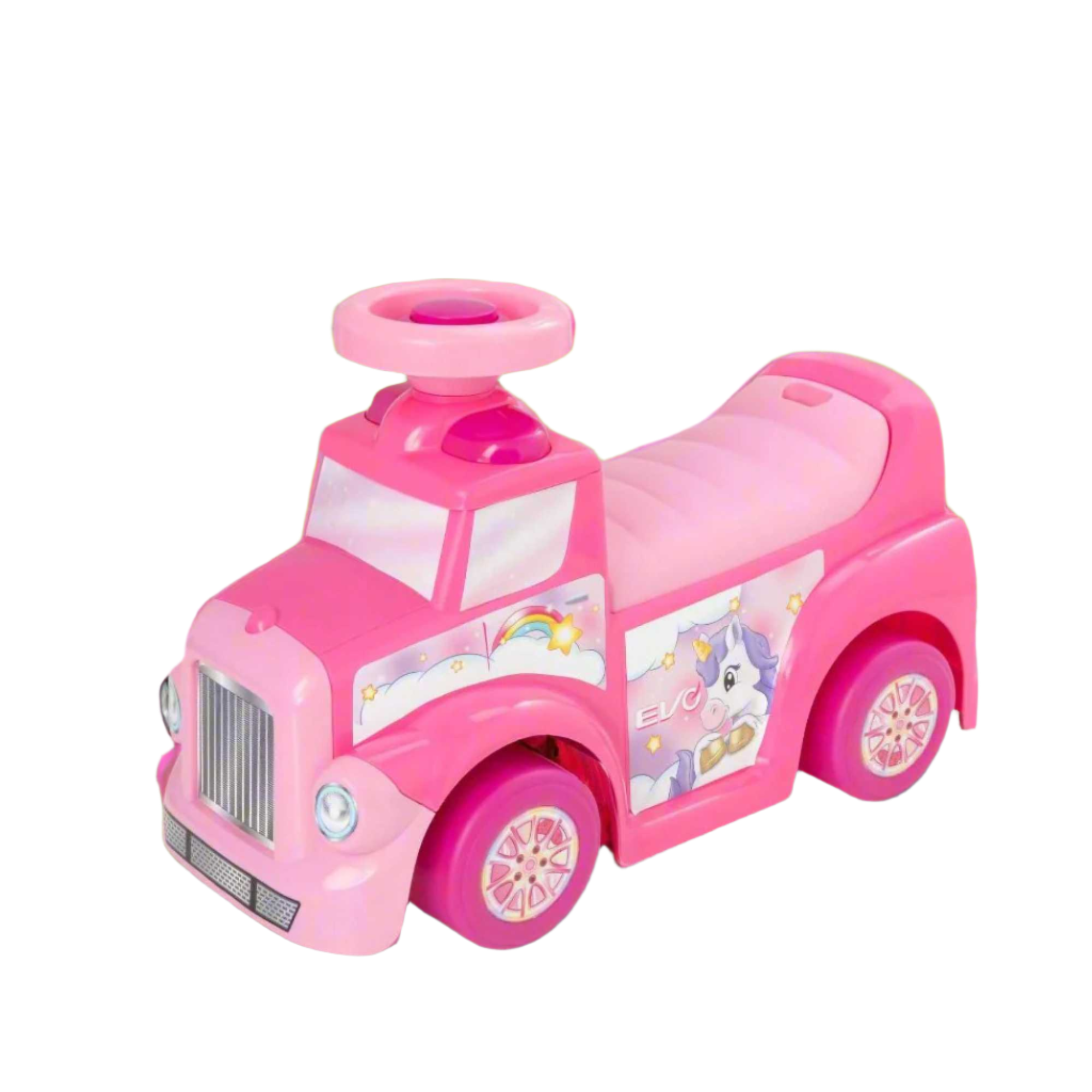 EVO Foot 2 Floor Unicorn Ride-On for toddlers aged 1 and up, featuring a pastel-colored unicorn design, wide wheelbase, and foot-to-floor propulsion for safe and imaginative play.
