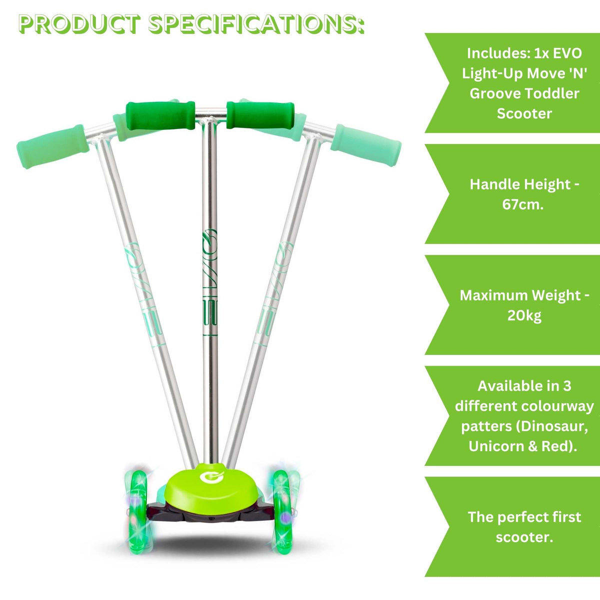 EVO Light Up Move N Groove Scooter for Ages 2 and Up with Lean-to-Steer System and LED Wheels, perfect for young children’s outdoor adventures.