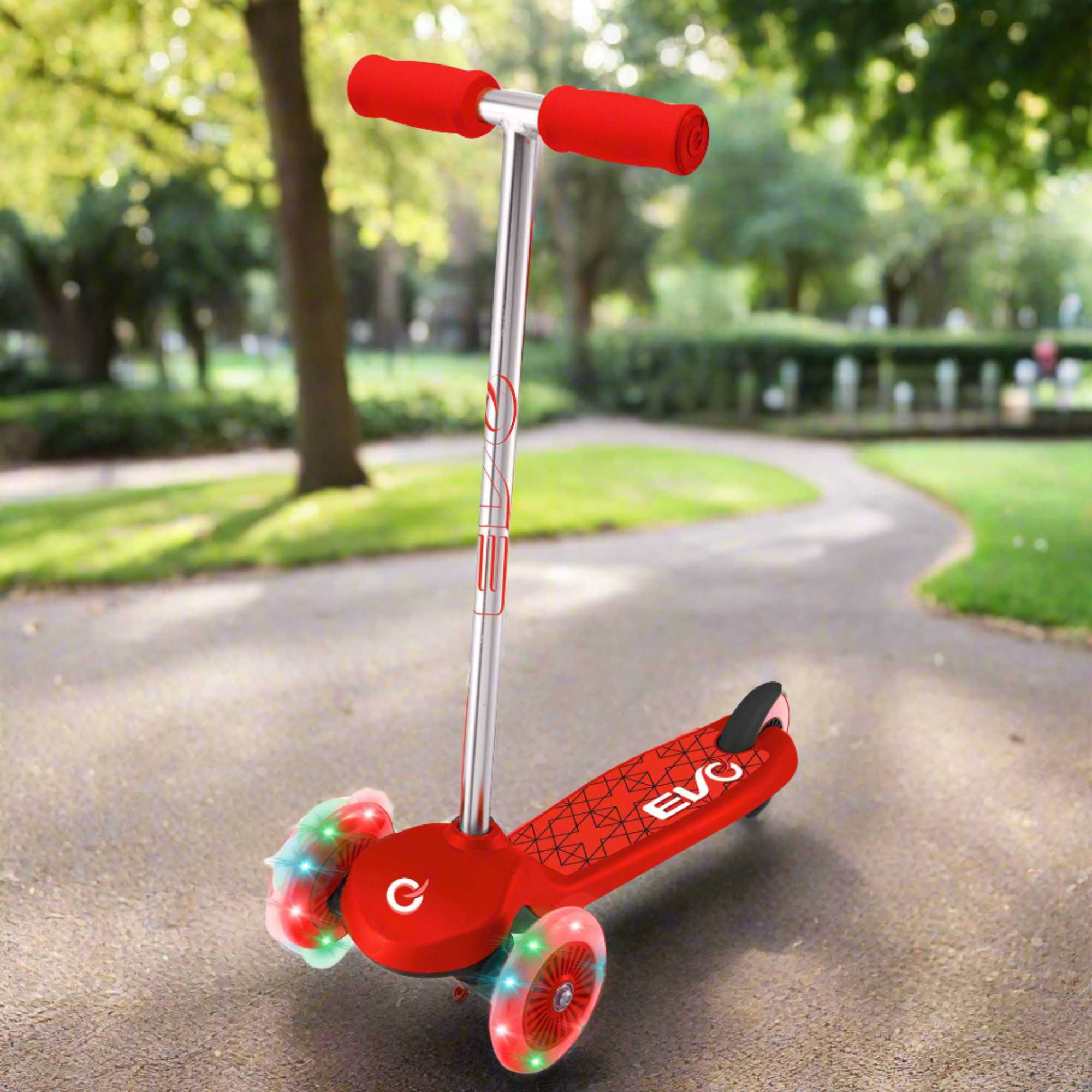 EVO Light Up Move N Groove Scooter for Ages 2 and Up with Lean-to-Steer System and LED Wheels, perfect for young children’s outdoor adventures.