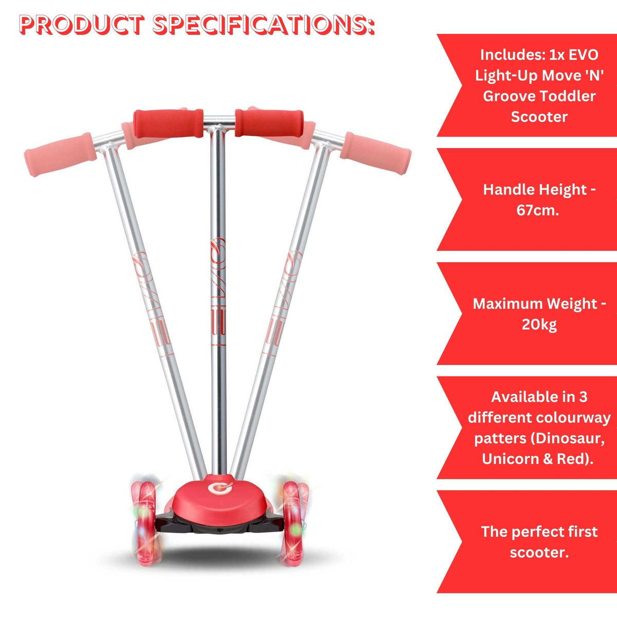 EVO Light Up Move N Groove Scooter for Ages 2 and Up with Lean-to-Steer System and LED Wheels, perfect for young children’s outdoor adventures.